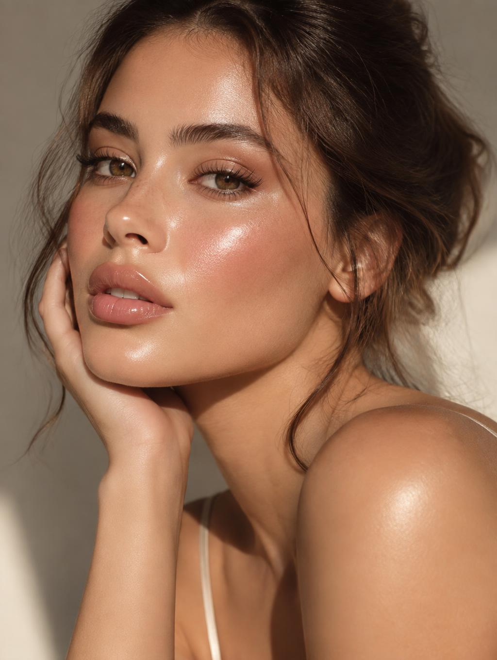 Retrato con piel brillante y maquillaje editorial suave